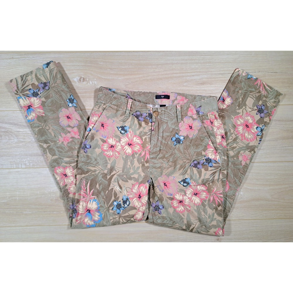 Gap Womens Floral Tropical Khaki Chino Pants Pink Blue‎ Slim Stretch Size 4
